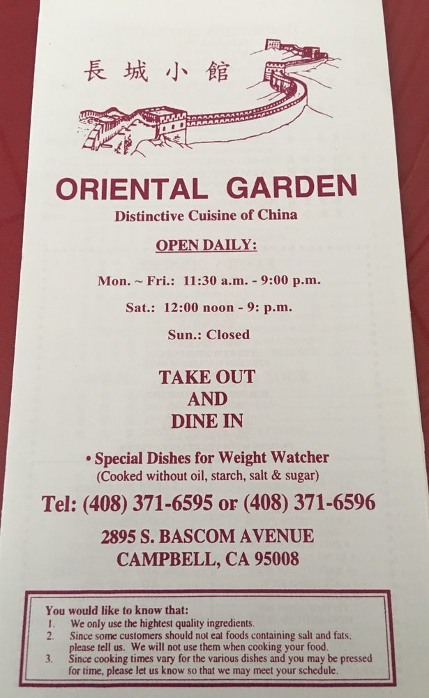 Oriental garden deals menu